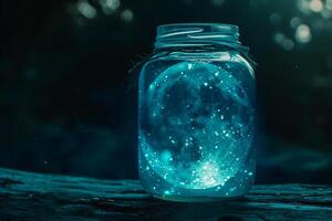 AI generated Moon in a glass jar with bokeh lights on background. photo