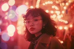 AI generated Portrait of a beautiful young asian woman in the city at night photo