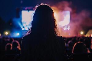 AI generated Crowd at concert. Back view of unrecognizable woman with long wavy hair standing in front of stage with lights on background photo