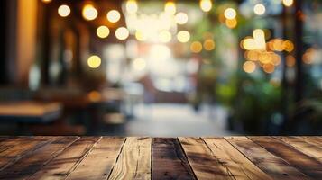 ai generado vacío madera mesa y café tienda difuminar antecedentes con bokeh imagen. foto