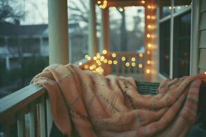 AI generated Cozy outdoor terrace with cozy plaid and bokeh photo