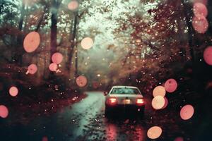 AI generated Blurred view of car on the road through the forest during the rain photo