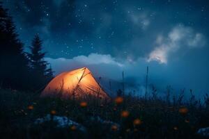 AI generated Night camping in the mountains. Tent in the forest at night. photo