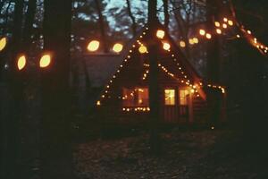 AI generated Christmas lights in a wooden house in the forest in the evening. photo