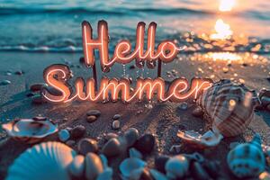 AI generated Hello Summer hand lettering on the beach with shells and sunset background photo