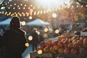 AI generated Woman buying apples at a market in the city. Blurred background photo