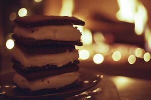 AI generated Stack of delicious chocolate cookies and marshmallows on table, closeup photo
