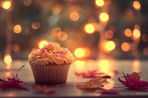 AI generated Cupcake with pink cream on a white table with pumpkins and autumn leaves photo