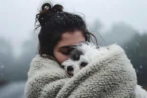 AI generated Young beautiful woman with a shaggy dog in her arms. photo