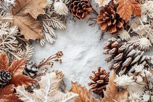 AI generated Christmas background with snow, dry leaves and pine cones. Top view. photo