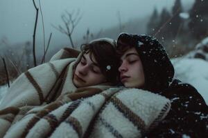 AI generated Young couple in love wrapped in a plaid in the winter forest photo