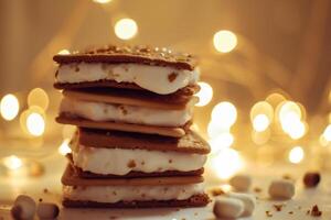 AI generated Stack of delicious chocolate cookies and marshmallows on table, closeup photo