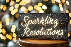 AI generated Blackboard with text Sparkling Resolutions in front of Christmas tree photo