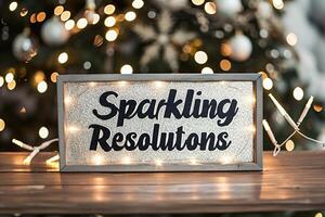 AI generated Blackboard with text Sparkling Resolutions in front of Christmas tree photo