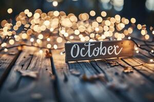 AI generated Wooden sign with the word October on a bokeh background photo