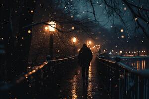 ai generado un hombre caminando a lo largo un puente en el lluvia a noche con linternas foto