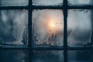 ai generado nieve en el ventana a puesta de sol. hermosa invierno paisaje con nieve cubierto arboles foto