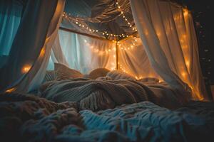 AI generated A cozy bed in the interior of a tent with a garland and lights. photo