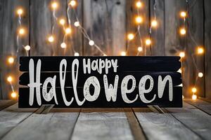 AI generated Happy Halloween lettering on wooden board with bokeh lights background photo