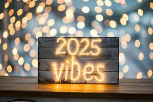 AI generated New year 2025 in light box on wooden table with bokeh background photo