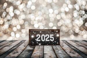 AI generated Happy New Year 2025 text on wooden board with bokeh background photo