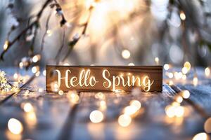 ai generado Hola primavera mensaje en de madera antecedentes con luces y flores Hola primavera. foto