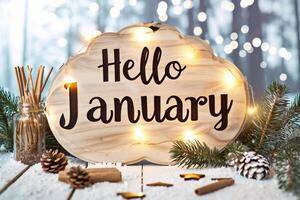 AI generated Hello January text on a wooden sign with christmas lights on background photo