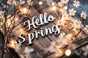 AI generated Hello Spring message on wooden background with lights and flowers. Hello spring. photo