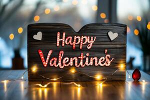 AI generated Valentines Day greeting card on wooden table with bokeh background photo