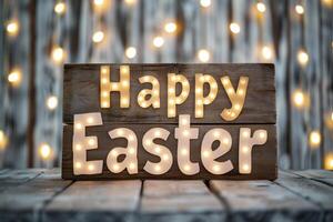 AI generated Happy Easter greeting card with bokeh lights on wooden background. photo