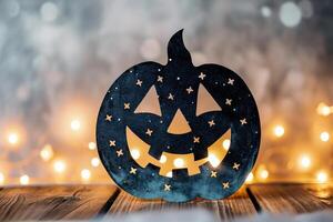 AI generated Halloween pumpkin on a wooden background with bokeh lights. photo