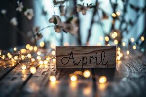AI generated Wooden sign with the word April on a wooden table in the garden photo