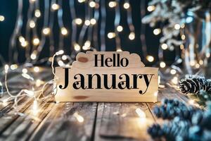 AI generated Hello January text on a wooden sign with christmas lights on background photo