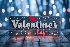 AI generated Valentines Day greeting card on wooden table with bokeh background photo