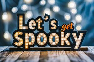 AI generated Let's get spooky written in black wooden letters on wooden background with bokeh lights photo