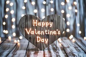 AI generated Valentines Day greeting card on wooden table with bokeh background photo