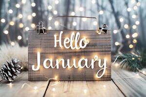 AI generated Hello January text on a wooden sign with christmas lights on background photo