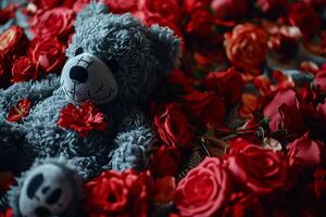 AI generated Valentine's day background with red roses and teddy bears photo