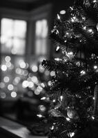 AI generated Black and white photo of christmas tree with lights and garland