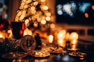 AI generated Bitcoin gold coin on the background of the Christmas tree. Cryptocurrency concept. photo