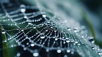 AI generated Spider web with dew drops close-up. Nature background. photo