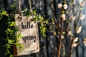 ai generado Hola primavera firmar colgando en un negro de madera pared con flores en el antecedentes foto