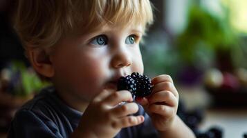 ai generado linda pequeño chico comiendo moras en el cocina. sano comida para niños. foto