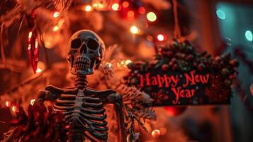 AI generated Skeleton and christmas tree. Happy New Year Concept photo