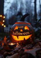 AI generated Halloween pumpkin with burning candles on the background of autumn leaves. photo