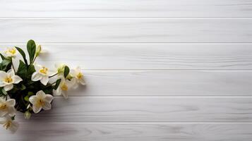 ai generado blanco jazmín flores en blanco de madera antecedentes. parte superior ver con Copiar espacio foto