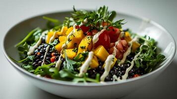 AI generated Salad with mango, black beans, cheese and arugula photo