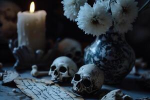 AI generated Still life with human skull and candle on dark background. Halloween concept photo