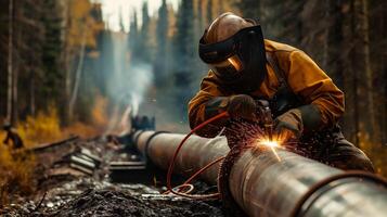 AI generated Welder with protective mask welds a pipe in the forest. photo