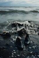 AI generated Black shoes on the rocks in the sea. Shallow depth of field photo